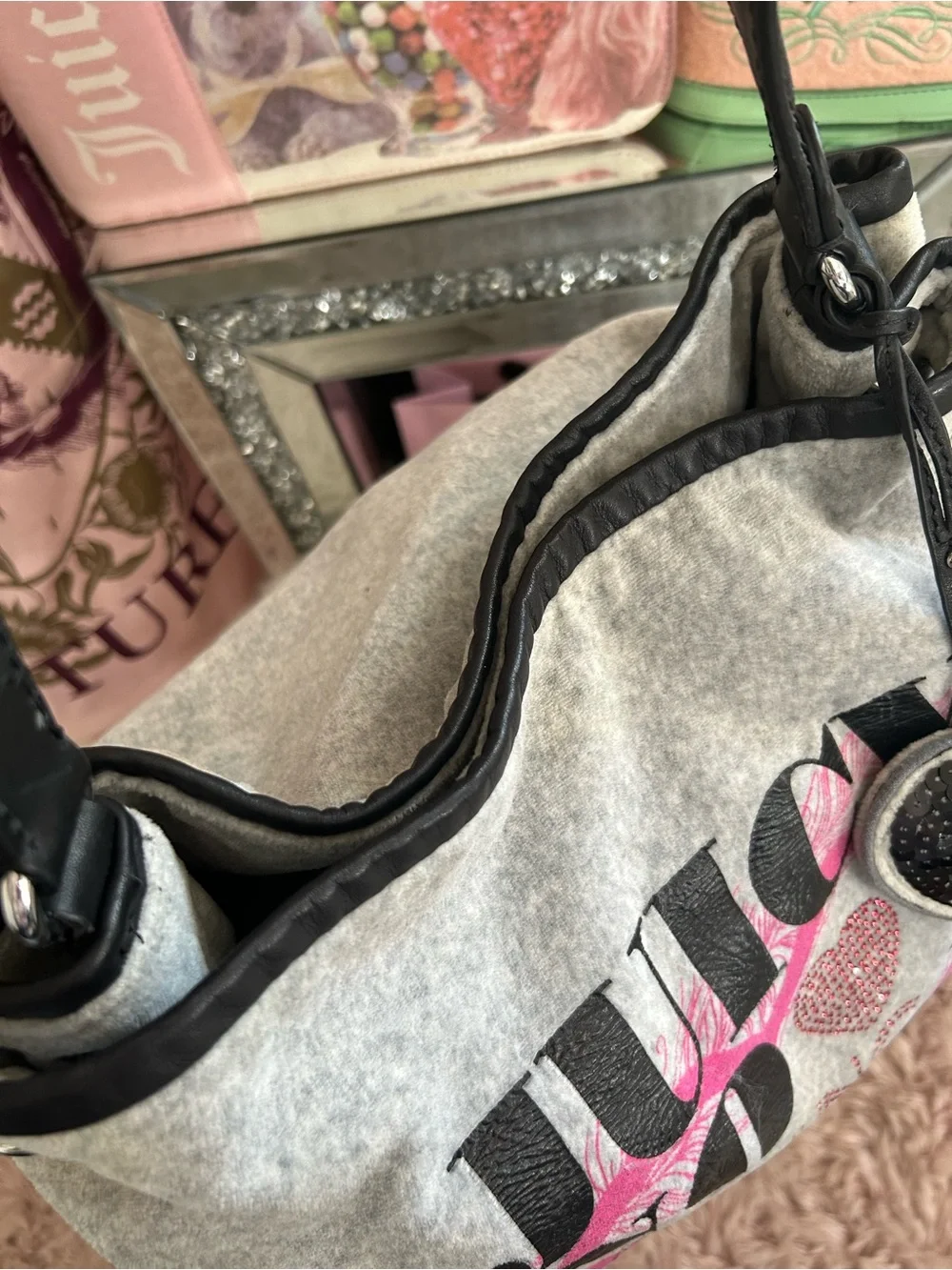 Y2K Vintage 2010 Juicy Couture Gray Velour Large Hobo Bag Darling Of Couture